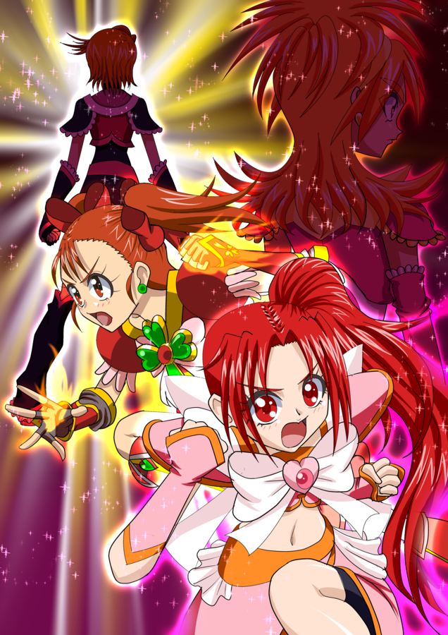 4girls, :o, akahane_hina_(it_man), boots, borrowed_character, bow, brooch, brown_eyes, brown_hair, clenched_hand, crop_top, cure_ange_(it_man), cure_black, cure_bloom, cure_happiness_(soramazinn), earrings, fingerless_gloves, fire, futari_wa_precure, futari_wa_precure_splash_star, gloves, hair_bow, hyuuga_saki, it_man, jewelry, knee_boots, long_hair, magical_girl, midriff, misumi_nagisa, multiple_girls, navel, original, precure, pyrokinesis, red_eyes, redhead, ribbon, short_hair, side_ponytail, standing