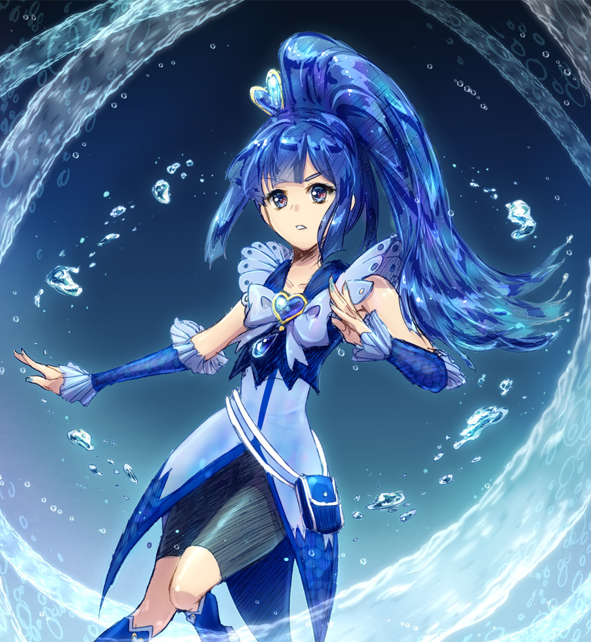 1girl, bike_shorts, blue, blue_background, blue_boots, blue_hair, blue_skirt, boots, borrowed_character, bow, brooch, cure_mellow_(it_man), galibo, hair_ornament, heart_hair_ornament, hirokami_nanami_(it_man), hydrokinesis, jewelry, knee_boots, long_hair, magical_girl, original, payot, ponytail, precure, ribbon, shorts_under_skirt, skirt, solo, water