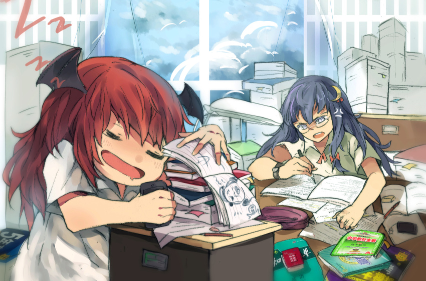 2girls, alternate_costume, anger_vein, bat_wings, bird, blue_sky, bow, casual