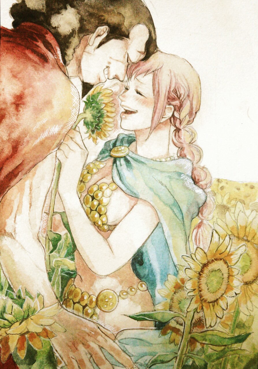 1boy, 1girl, armor, beard, bikini_armor, black_hair, cape, chikama_(minka), closed_eyes, facial_hair, father_and_daughter, flower, gladiator, highres, kyros_(one_piece), long_hair, one_piece, pink_hair, rebecca_(one_piece), smile, sunflower