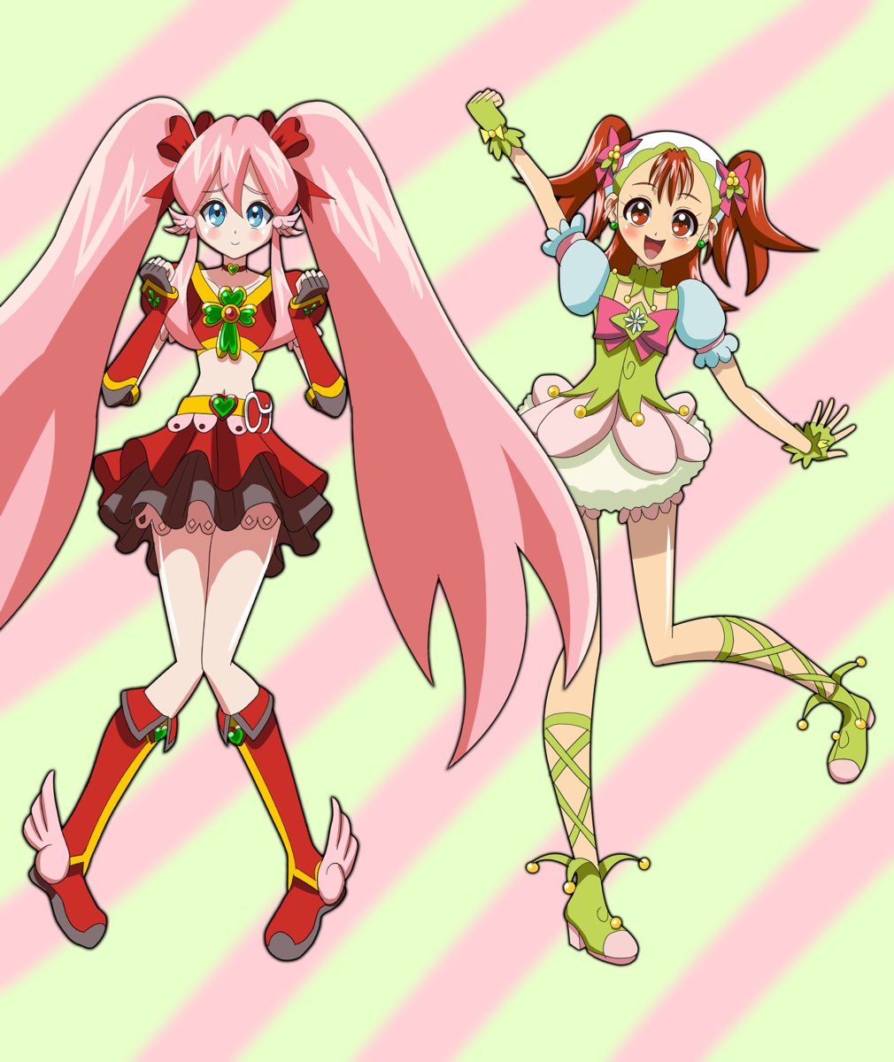 2girls, akahane_hina_(it_man), arm_up, blue_eyes, blush, boots, borrowed_character, bow