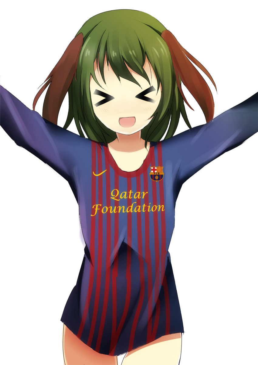 >_<, 1girl, animal_ears, arms_up, barcelona, dog_ears, green_hair, happy