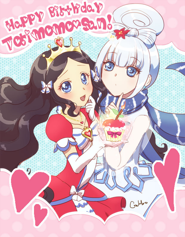 2girls, black_hair, blue_eyes, borrowed_character, bow, brooch, crown, cupcake, cure_apfel_(torimomo), cure_snow_(galibo), dress, galibo, gloves, hair_bun, happy_birthday, heart, jewelry, kagami_yukino_(torimomo), long_hair, magical_girl, matou_yukino_(galibo), multiple_girls, namesake, necklace, original, precure, scarf, short_hair, signature, smile, white_hair