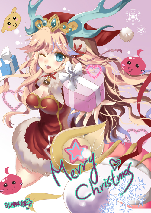 1girl, ;d, a-na, adapted_costume, artist_name, bell, blonde_hair, blue_eyes