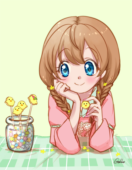 1girl, blue_eyes, braid, brown_hair, candy, chin_rest, galibo, jar