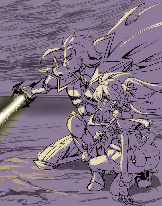 1boy, 1girl, acid_thunder_(galibo), armor, boots, cape, cure_daisy_(galibo), energy_sword