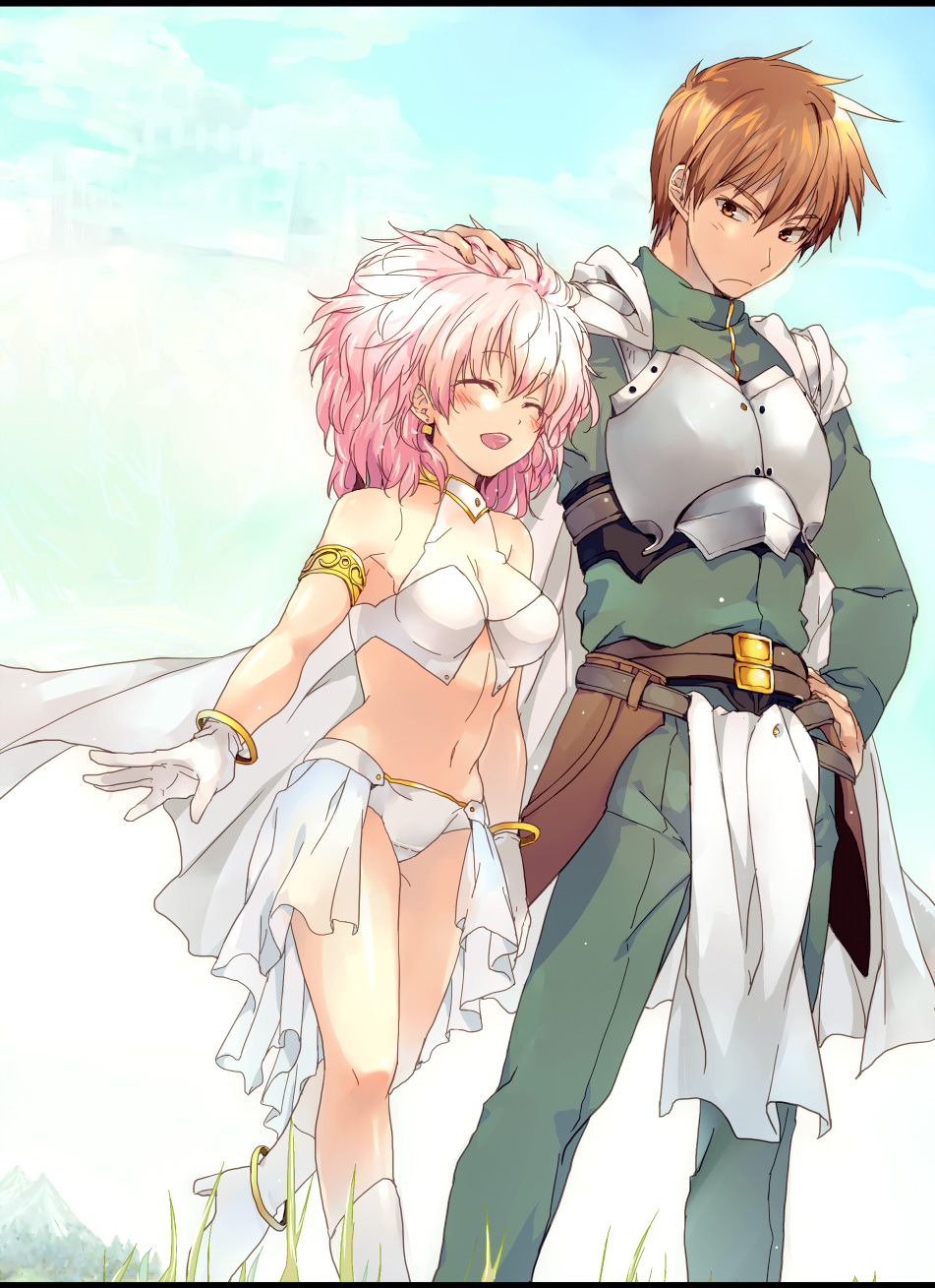 alicesoft, armlet, armor, bare_shoulders, belt, blush, bracelet, breasts