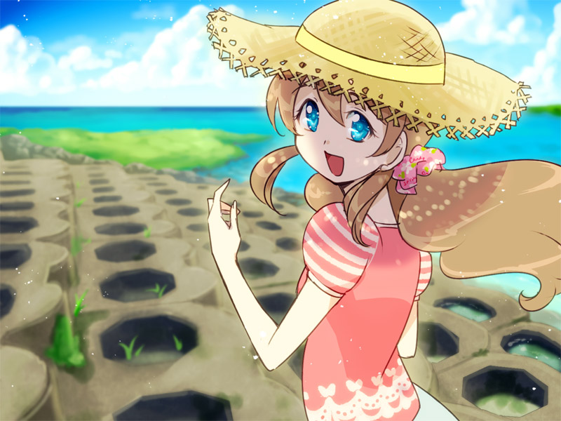 1girl, :d, blue_eyes, brown_hair, galibo, hat, long_hair, looking_back