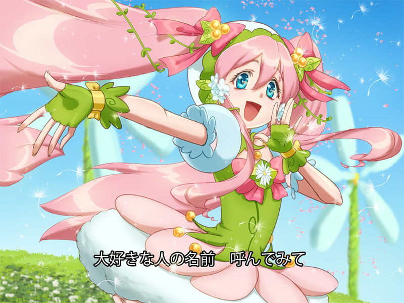 1girl, :d, arm_up, blue_eyes, bow, brooch, cure_daisy_(galibo), fingerless_gloves