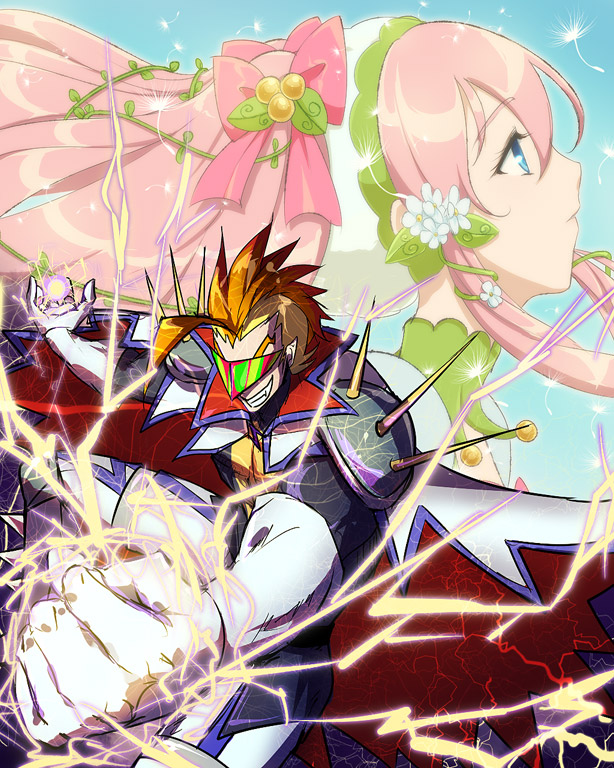 1boy, 1girl, acid_thunder_(galibo), blonde_hair, blue_eyes, bow, brown_hair, cape