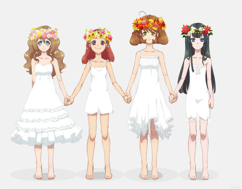 4girls, barefoot, black_hair, blue_eyes, brown_hair, dress, expressionless, flower, galibo, green_eyes, holding_hands, kano_momiji_(galibo), leaf, lingerie, long_hair, matou_yukino_(galibo), multiple_girls, original, poinsettia, precure, short_hair, standing, tarano_may_(galibo), uchiage_hanabi_(galibo), underwear, violet_eyes, white_background, white_dress, wreath