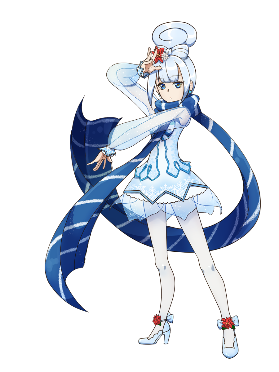1girl, blue_eyes, blue_skirt, cure_snow_(galibo), earrings, expressionless, galibo, hair_bun, high_heels, highres, jewelry, magical_girl, matou_yukino_(galibo), original, pantyhose, precure, scarf, see-through, short_hair, skirt, solo, standing, white_hair, white_legwear