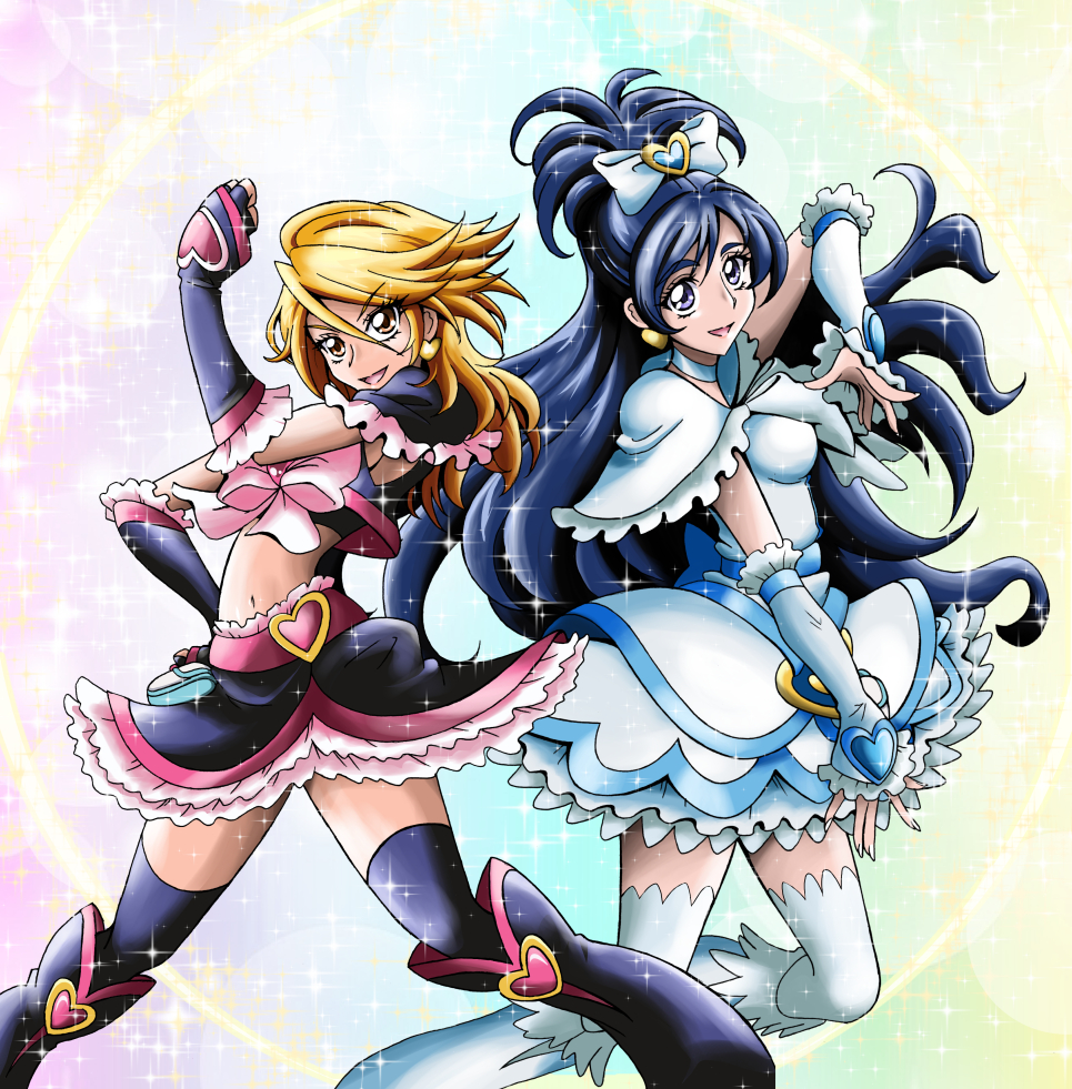 2girls, arudebido, bike_shorts, black_hair, black_legwear, black_skirt, boots, bow