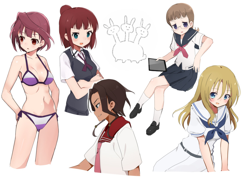 5girls, akado_harue, bangs, bikini, blonde_hair, blue_eyes, blunt_bangs, brown_hair