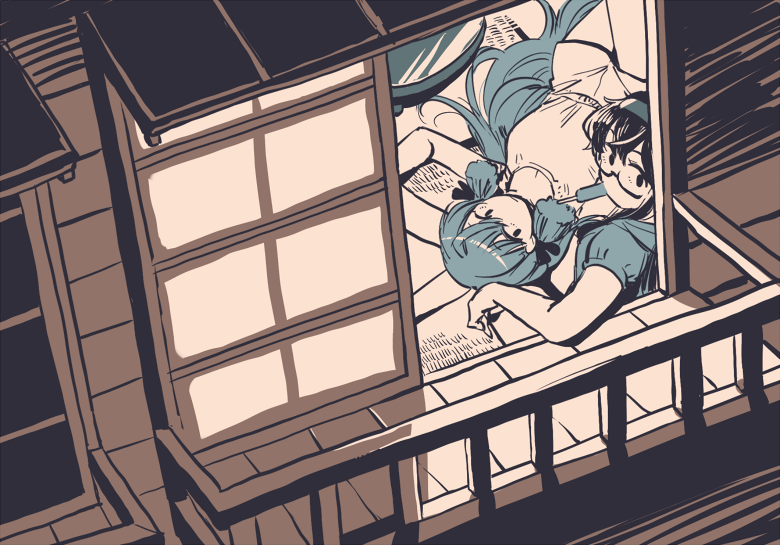 akashi_(kantai_collection), kantai_collection, lap_pillow, looking_out_window, ooyodo_(kantai_collection), tatami, tatami_mat, windowsill, wooden_wall, yukataro