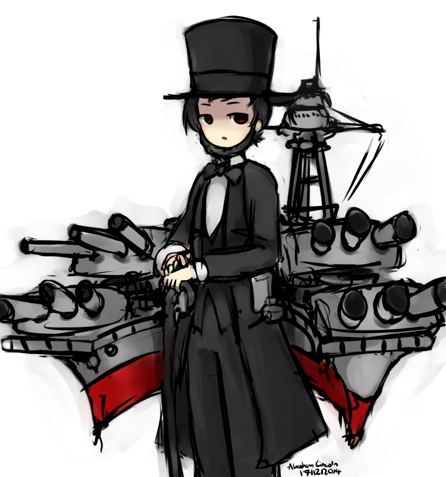 1girl, america, battleship, beard, black_hair, bowtie, cane, cannon