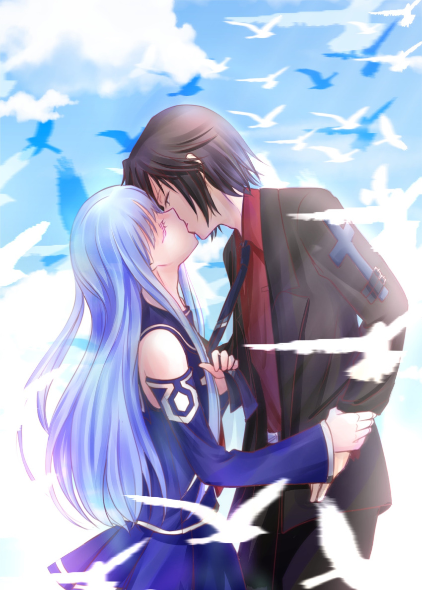1boy, 1girl, aoki_hagane_no_arpeggio, blue_hair, chihaya_gunzou, couple, detached_sleeves, feathers, highres, iona, kiss, long_hair, necktie, poifuru_hana, sailor, short_hair