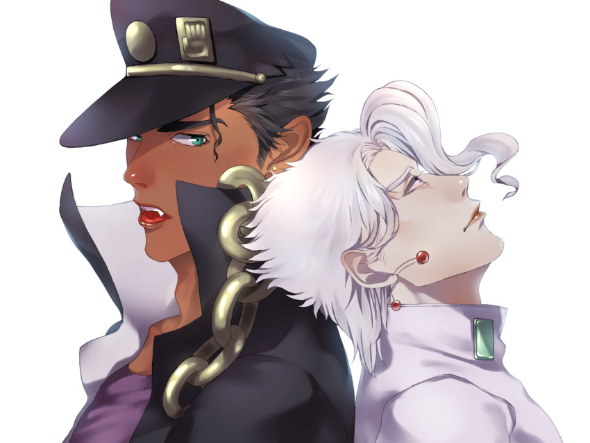 2boys, alternate_skin_color, chain, dark_skin, earrings, fang, green_eyes, hat