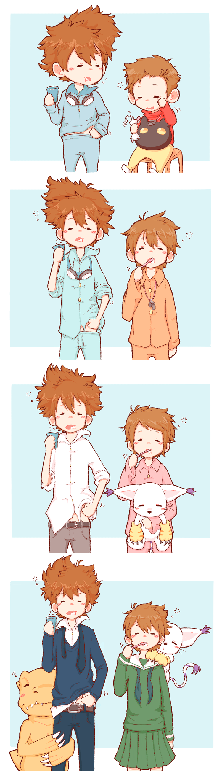 1boy, 1girl, 4koma, absurdres, age_progression, agumon, brother_and_sister, character_request