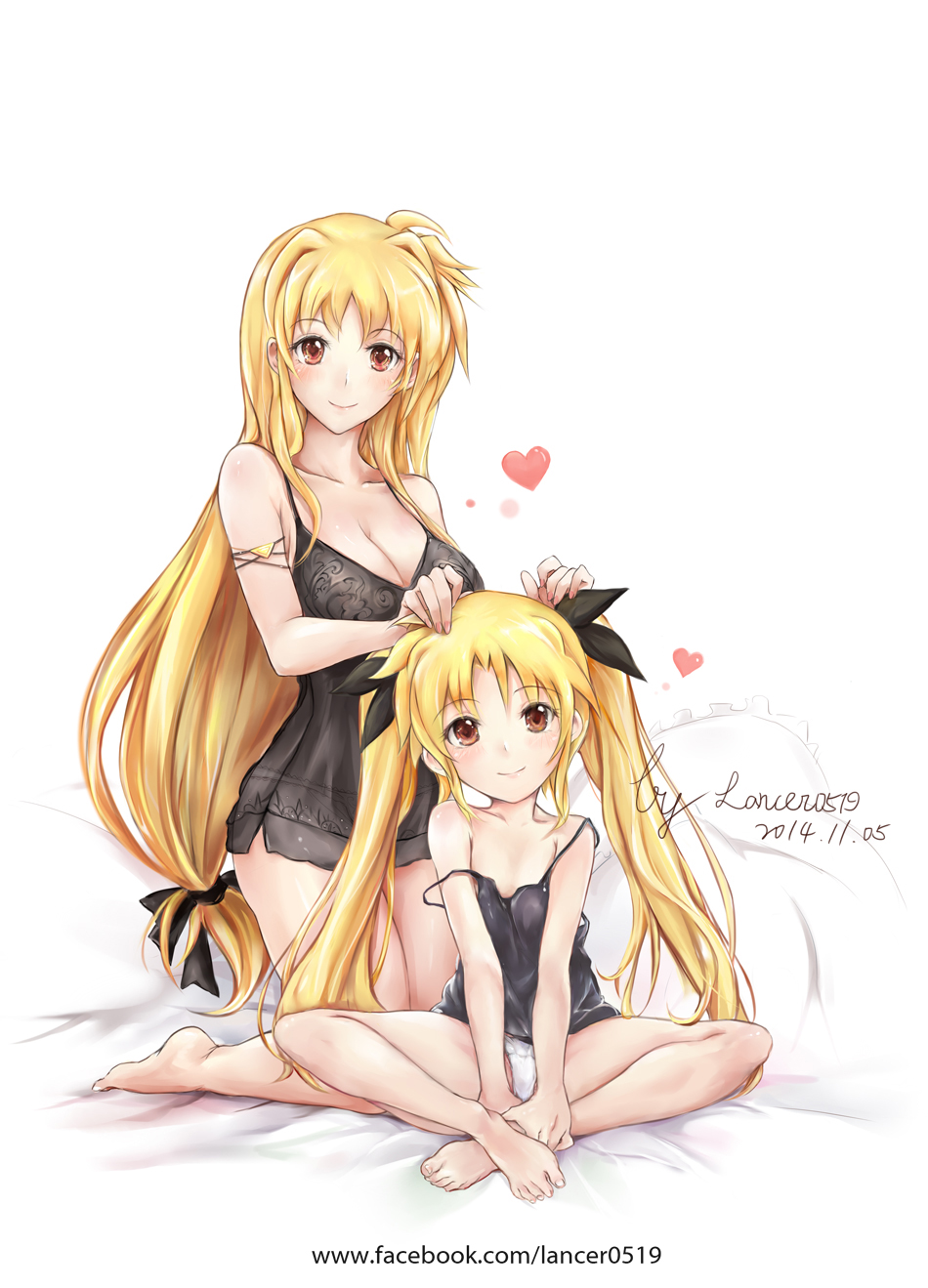 2girls, age_difference, blonde_hair, blush, breasts, cleavage, crossed_legs, dual_persona