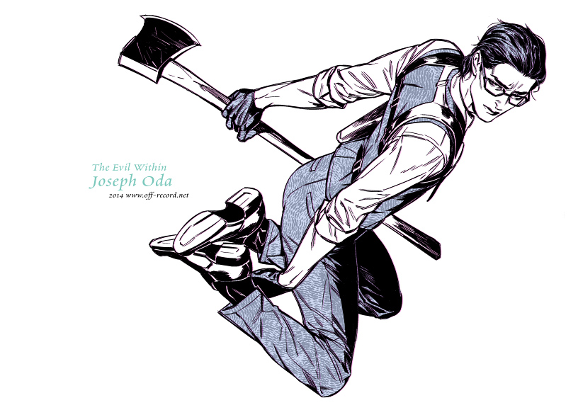 1boy, axe, character_name, glasses, gloves, joseph_oda, rae, solo