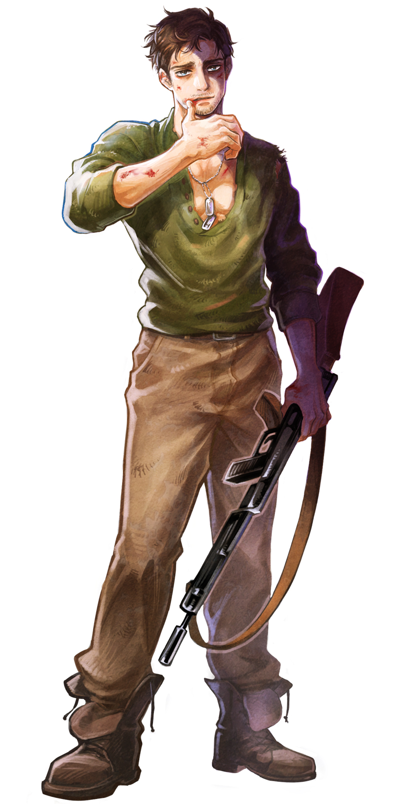 1boy, brown_hair, casual, dog_tags, gun, hak_kun, highres, james_buchanan_barnes, marvel, solo, weapon