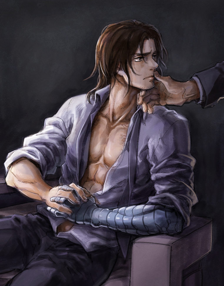1boy, brown_hair, captain_america_the_winter_soldier, hak_kun, james_buchanan_barnes, marvel, sitting, solo