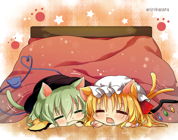 2girls, :3, animal_ears, blonde_hair, blush, cat_ears, cat_tail, drooling
