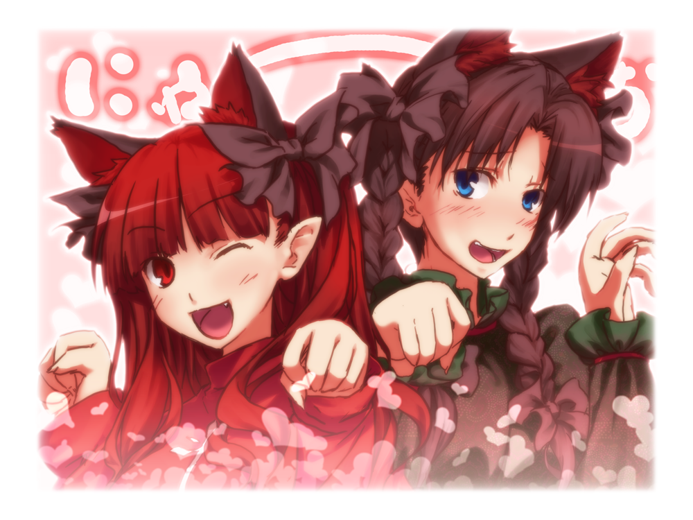 2girls, alternate_hairstyle, animal_ears, black_hair, blue_eyes, blush, bow, braid