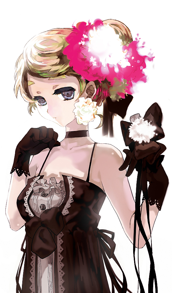 black_eyes, blonde_hair, bun, choker, dress, flower, gloves, hair_bun