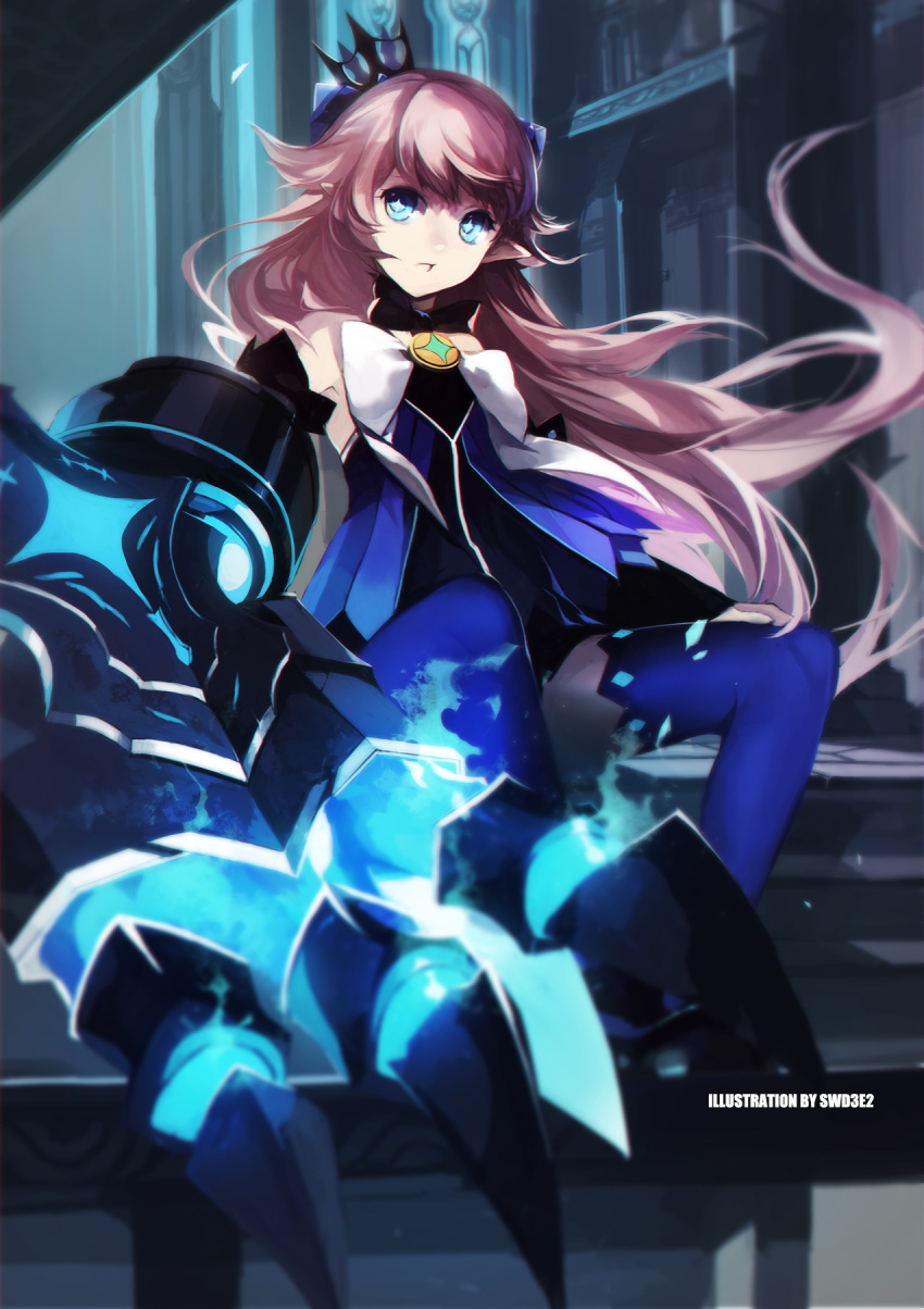 1girl, blue_eyes, blurry, brown_hair, claws, crown, depth_of_field, elsword, highres, long_hair, looking_at_viewer, mini_crown, pointy_ears, sitting, sittting, solo, swd3e2