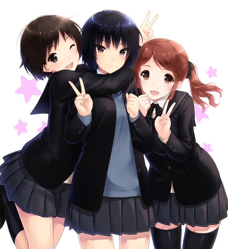 3girls, :d, ;d, amagami, arm_hug, bent_over, black_hair, black_legwear