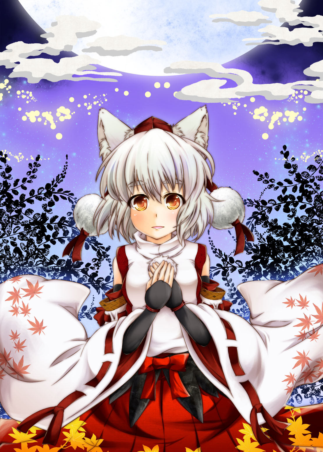 1girl, animal_ears, blush, breasts, bridal_gauntlets, detached_sleeves, fingerless_gloves, full_moon