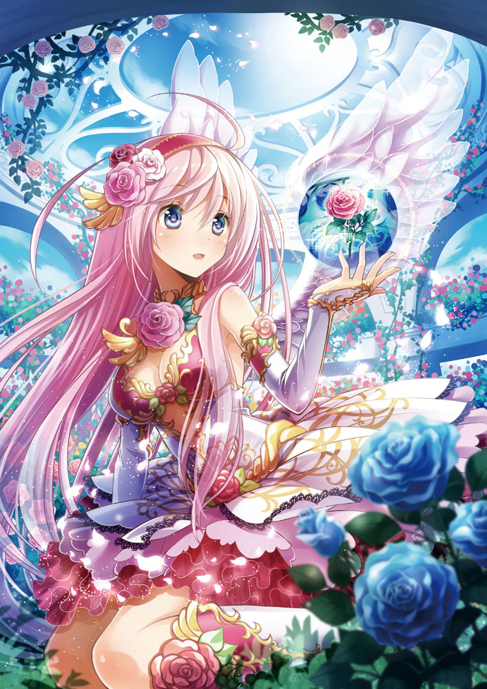 blue_eyes, blue_rose, breasts, cleavage, collar, dress, elbow_gloves, flower