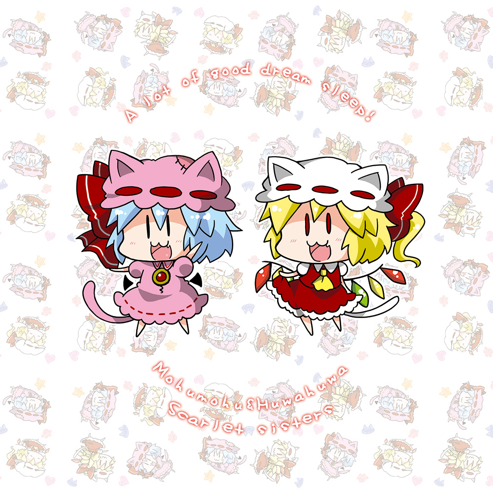 2girls, :3, :d, animal_ears, ascot, bat_wings, blonde_hair, blue_hair