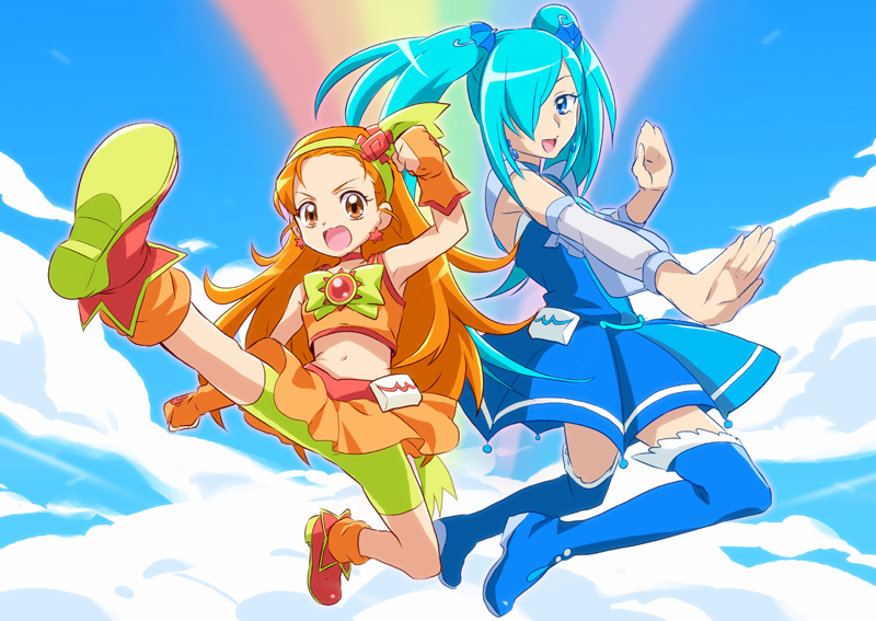 2girls, :o, amaya_shizuku_(azarashi), blue_eyes, blue_hair, blue_legwear, blue_skirt, boots