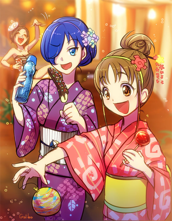 3girls, :d, amaya_shizuku_(azarashi), balloon, blue_eyes, blue_hair, borrowed_character, brown_eyes