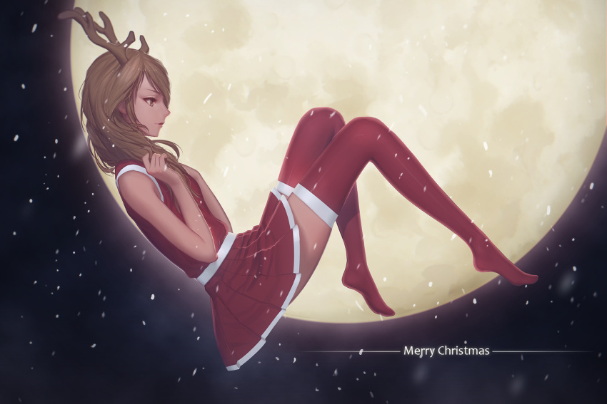 1girl, antlers, brown_hair, christmas, highres, jingai_musume, long_hair, maredoro, moon, original, pleated_skirt, red_legwear, red_skirt, reindeer_antlers, skirt, snow, solo, thigh-highs, zettai_ryouiki