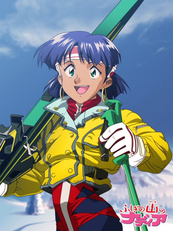 :d, bob_cut, bodysuit, clouds, cloudy_sky, commentary, cropped_jacket, earrings, fushigi_no_umi_no_nadia, gloves, green_eyes, hair_ornament, hairclip, headband, jacket, jewelry, nadia, open_mouth, pine_tree, purple_hair, short_hair, ski_gear, skiing, skis, sky, smile, snow, studio_red_bear, translated, tree, yellow_jacket