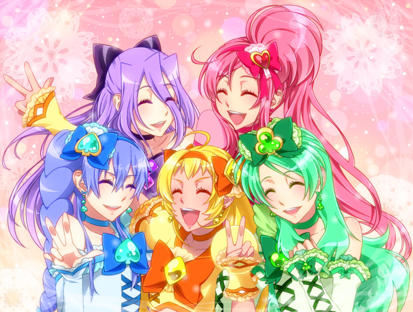 0417nao, 5girls, aino_hikaru_(0417nao), arm_warmers, blonde_hair, blue_hair, bow, brooch