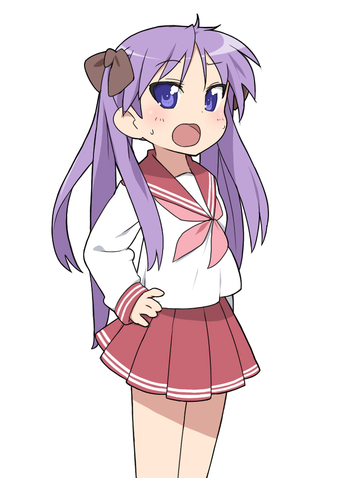 blue_eyes, hand_on_hip, hiiragi_kagami, long_hair, lucky_star, open_mouth, purple_hair, school_uniform