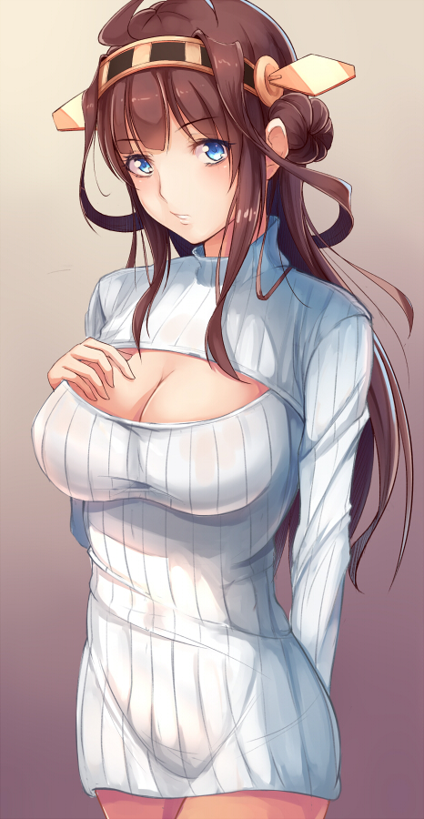 1girl, alternate_costume, arm_behind_back, blue_eyes, breasts, brown_hair, casual, cleavage_cutout