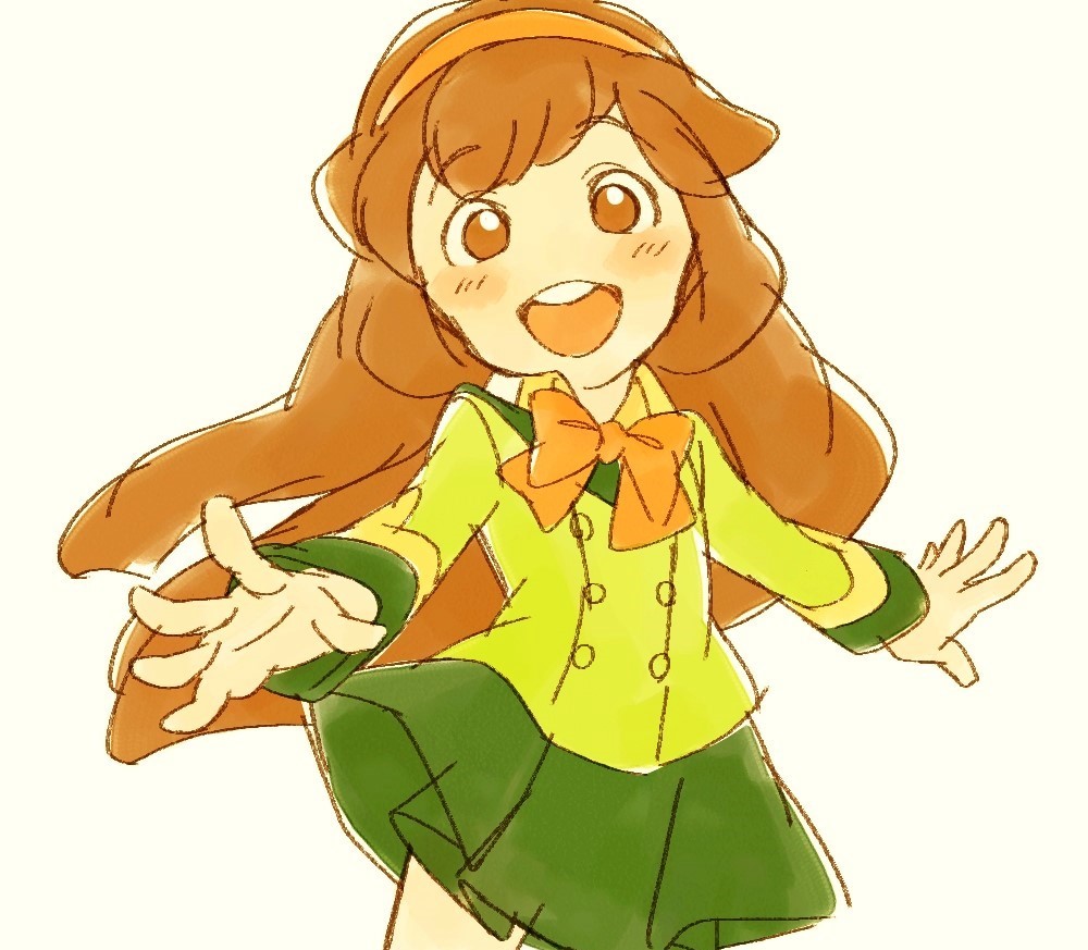 1girl, blush, brown_eyes, brown_hair, cosplay, cotoco_(kuuuman), cowboy_shot, danball_senki_wars