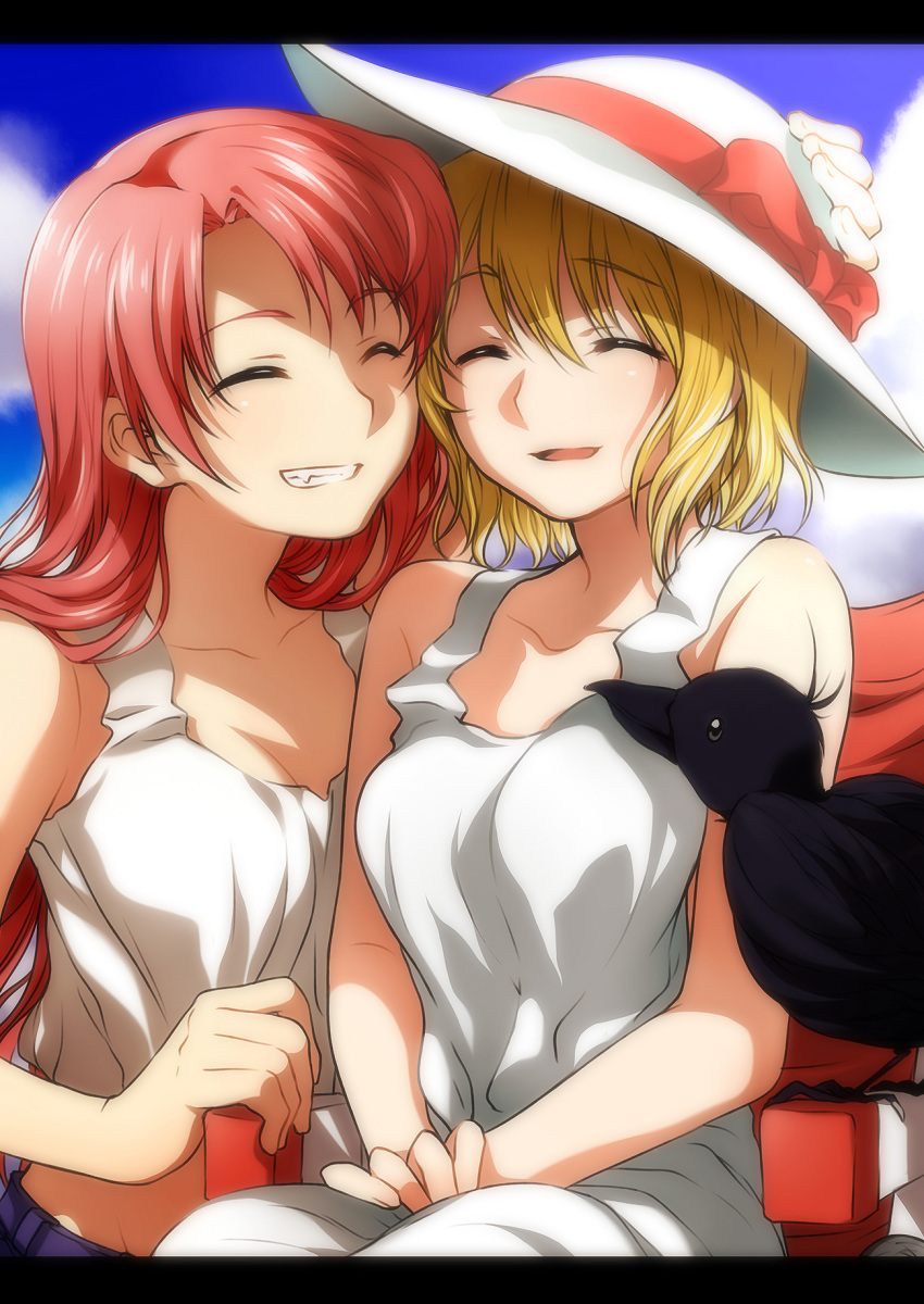2girls, air, bird, blonde_hair, closed_eyes, crow, dress, fang