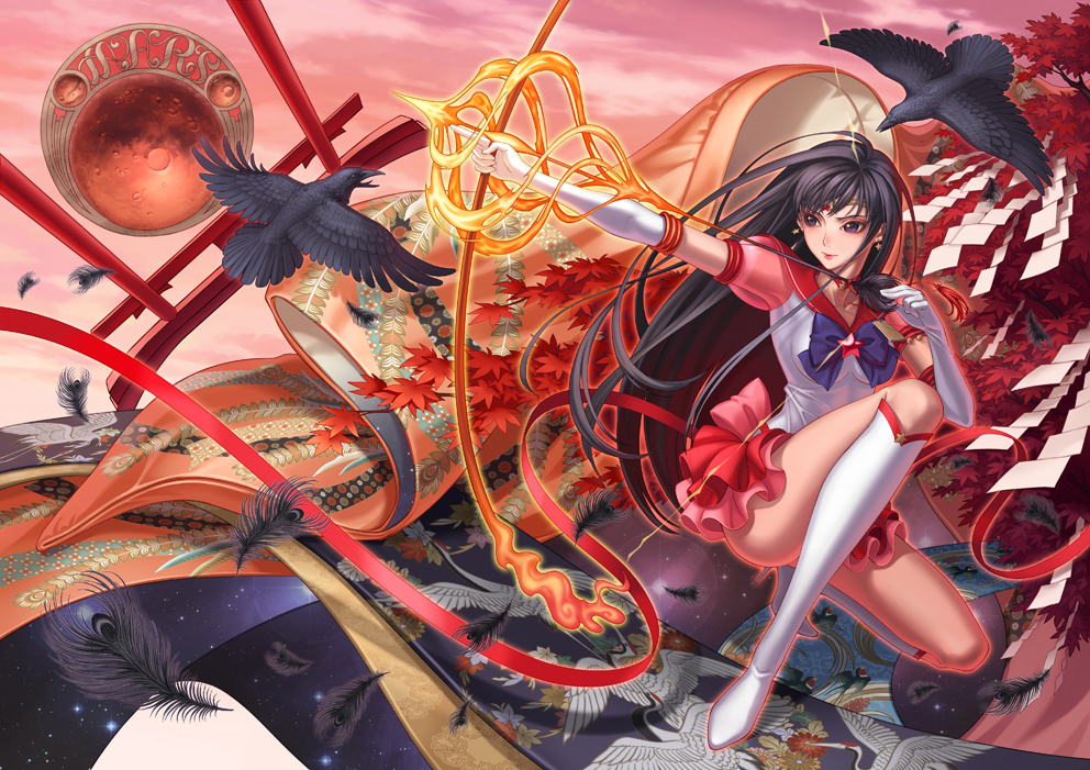 1girl, bird, bishoujo_senshi_sailor_moon, black_eyes, black_hair, boots, bow, brooch