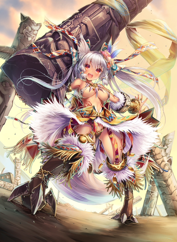 1girl, breasts, brown_eyes, last_chronicle, silver_hair, smile, solo, sorimura_youji