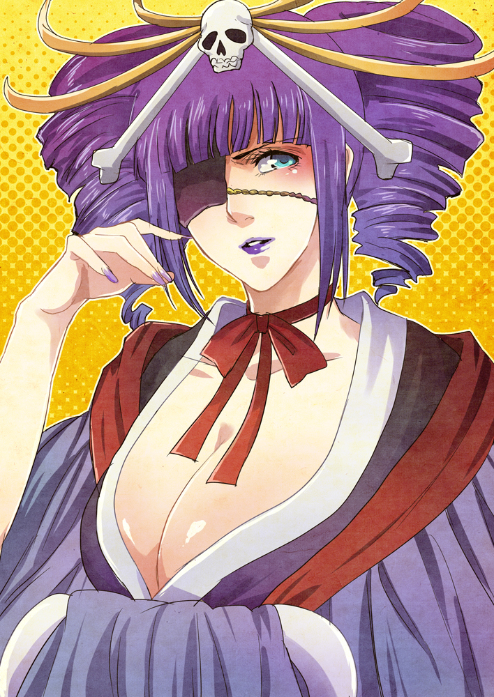 aqua_eyes, bad_id, bleach, bleach:_zanpakutou_ibun_hen, breasts, cleavage, drill_hair, eyepatch