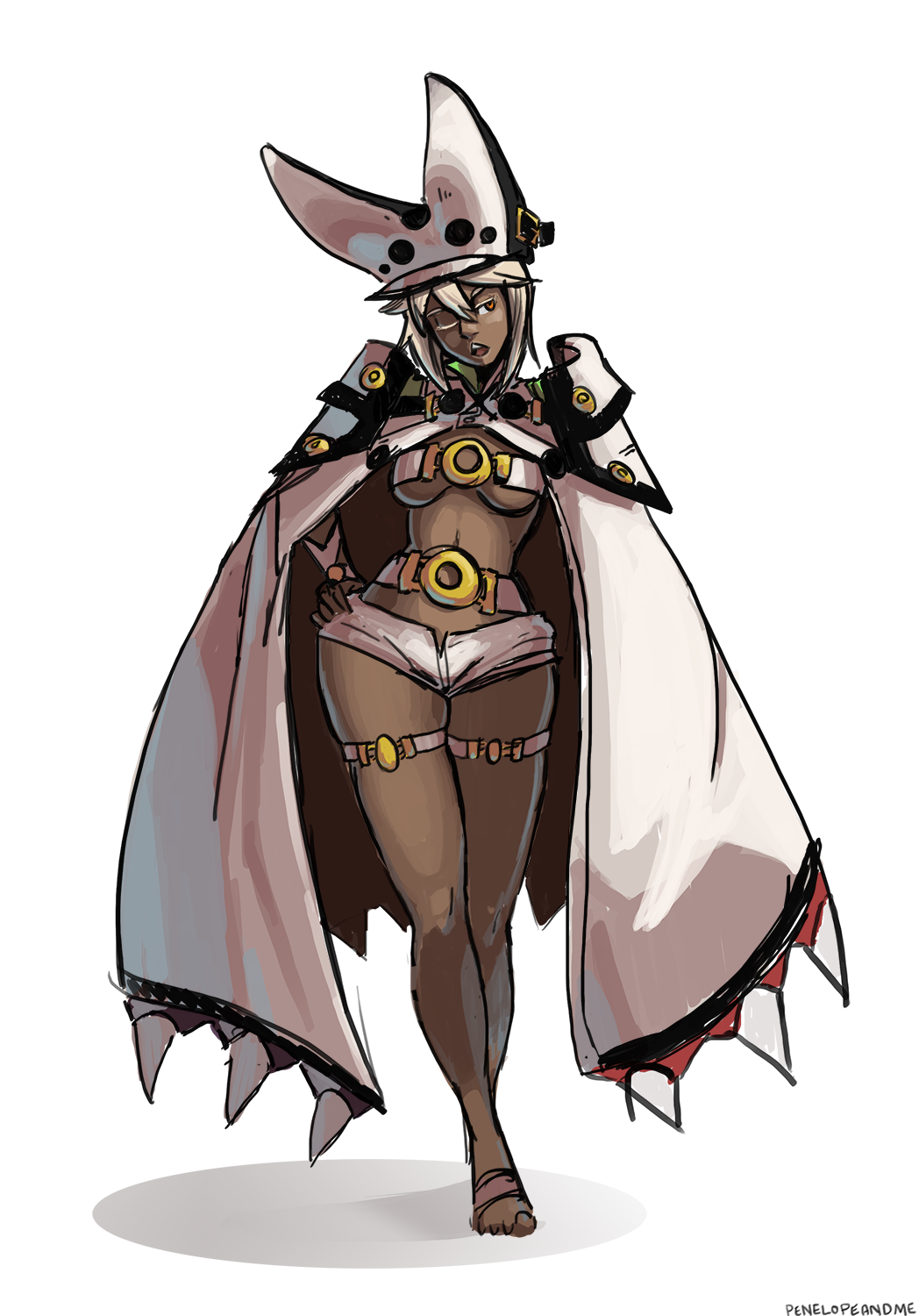 1girl, beltbra, breasts, cape, contrapposto, crossed_legs, dark_skin, full_body