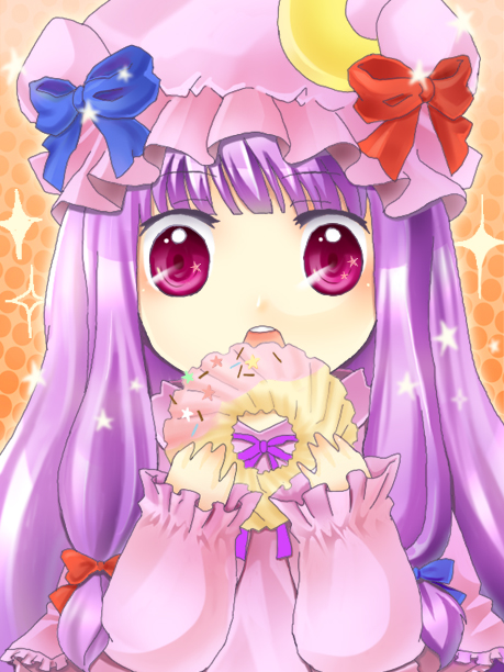 doughnut, eating, hat, ice_9_kingdom, long_hair, patchouli_knowledge, purple_eyes, purple_hair, solo, touhou, violet_eyes