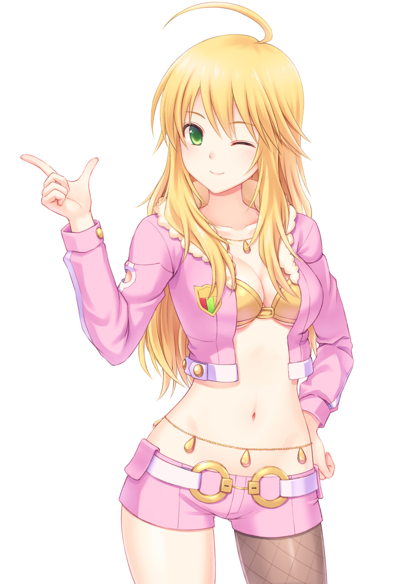 1girl, absurdres, ahoge, asymmetrical_legwear, belt, blonde_hair, bra, breasts